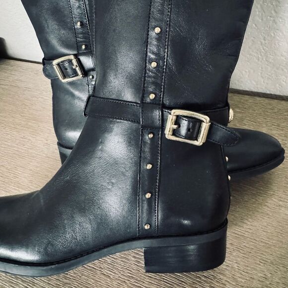 Vince Camuto Black Leather Gold Studded Riding Boots 6 - Picture 3 of 13